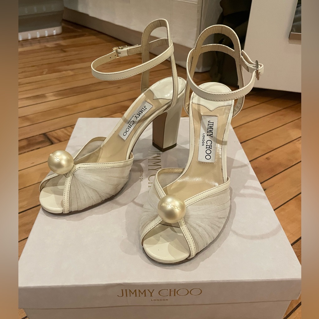 Jimmy Choo Sacaria Tulle Heels With Pearl In White/Ivory